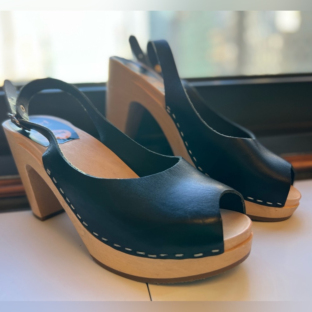 Swedish Hasbeens Leather Slingback Sandals Black Size 38 (8)
